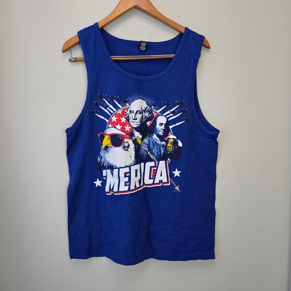 Merica Tank Top Men Large Blue Patriotic Eagle 4th of July Patriotic Summer Rack